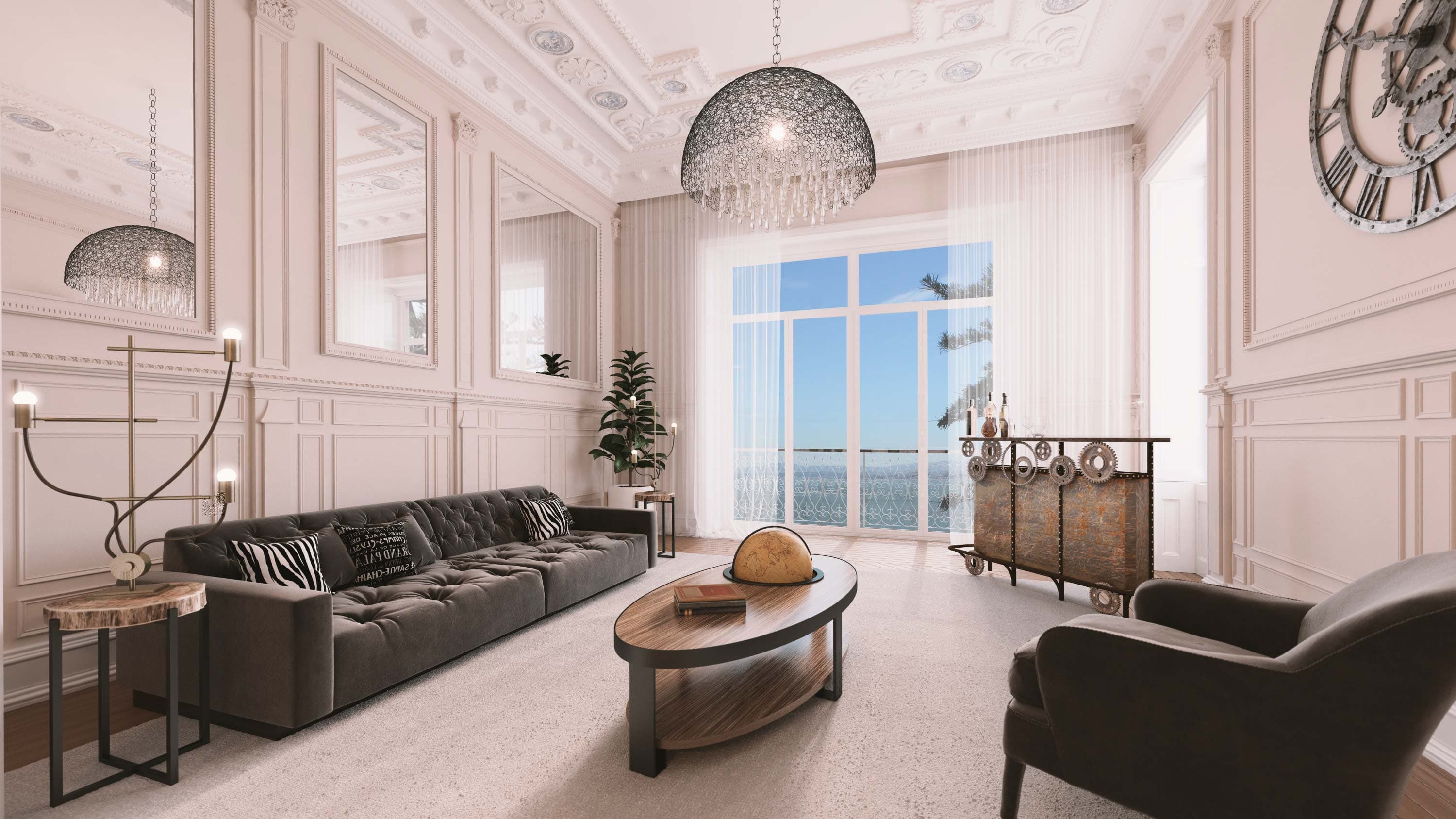 Classic modern living room with ocean view — Sonia Korn